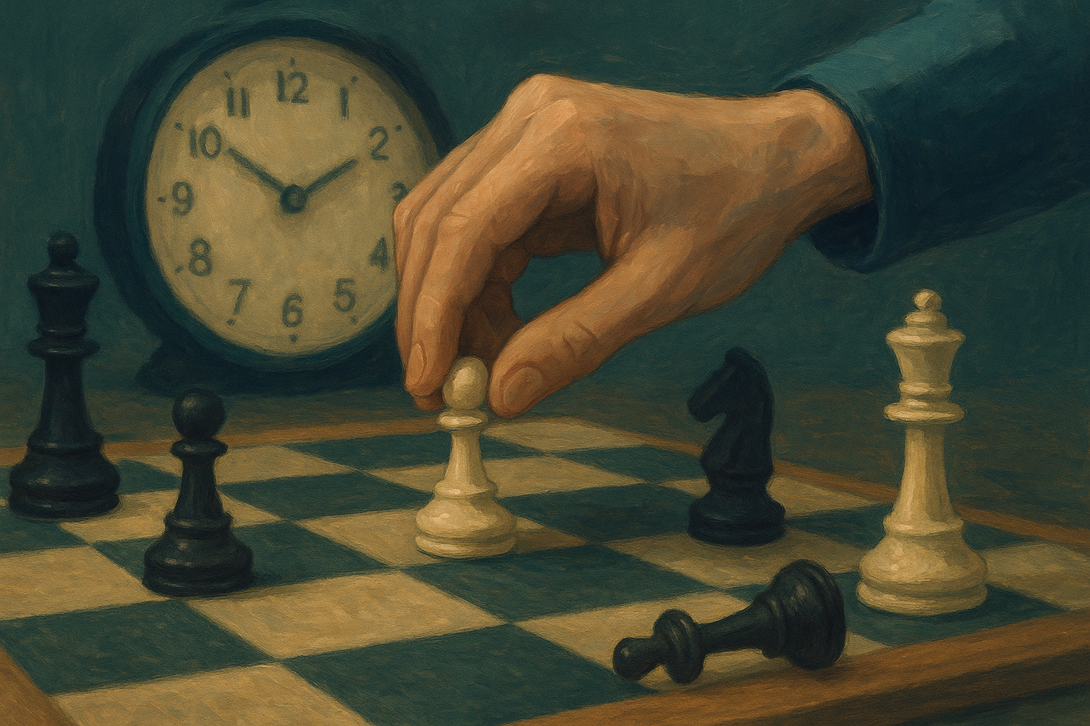 Editoriale Illustration: eine Hand schwebt zwischen zwei Schachzügen, Uhr unscharf im Hintergrund.