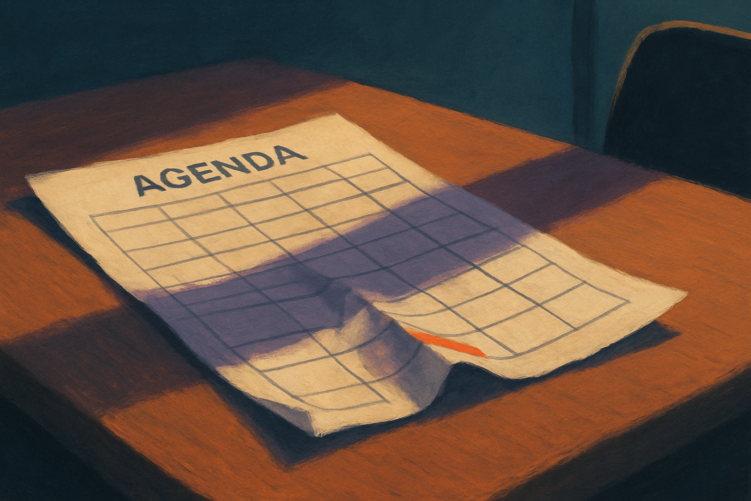 Editoriale Illustration: ein leicht gestörter Plan auf warmem Papier, weiches Fensterlicht.