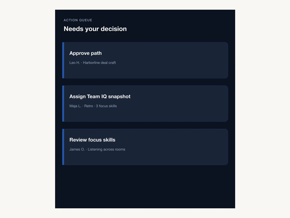 Revenue-Command-Center-Action-Queue-Sample: freigeben, zuweisen und ausstehende Manager-Arbeit prüfen