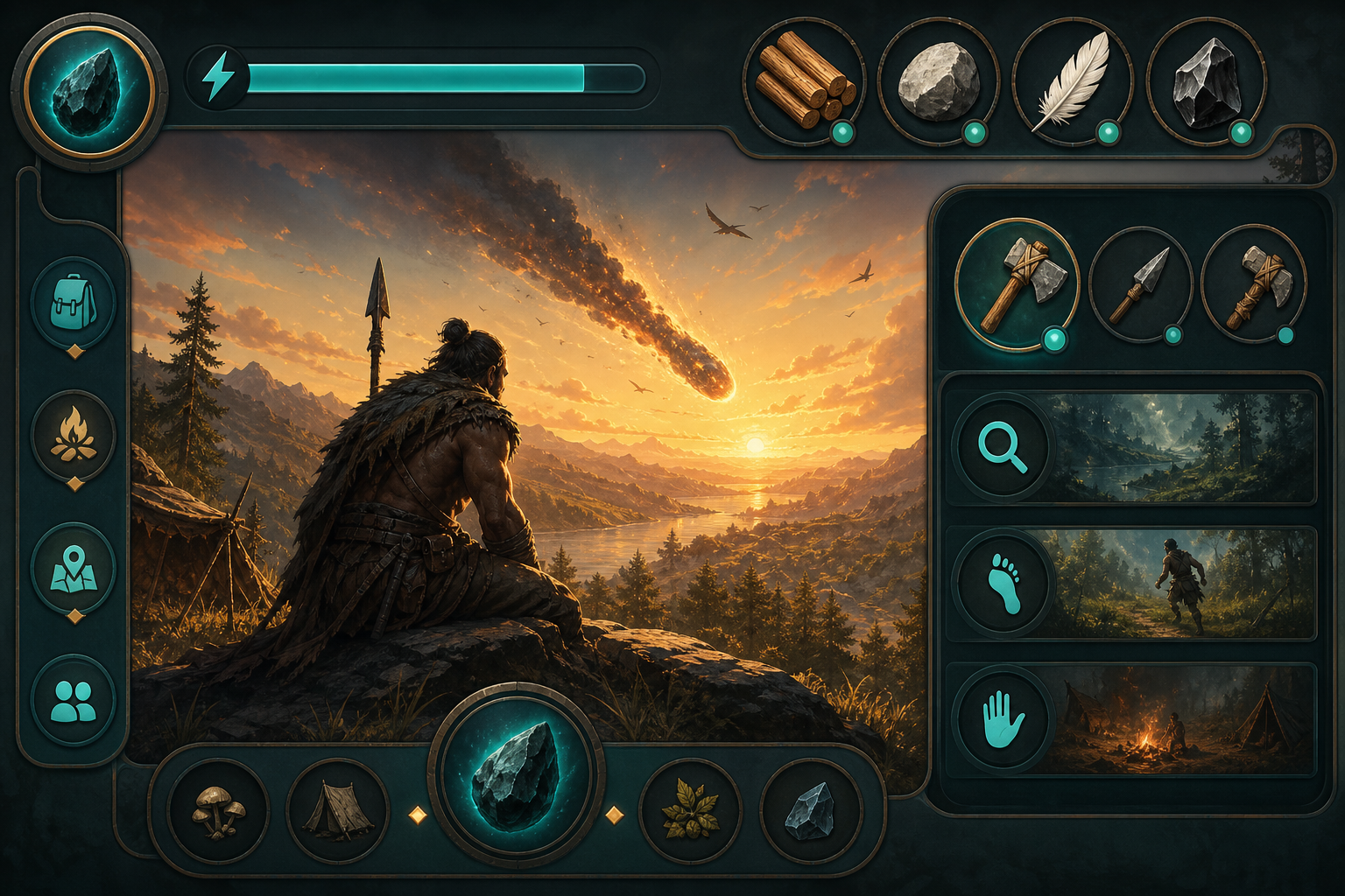 Meteorite-Spielpanel mit Ressourcen, Werkzeugen und Aktionen