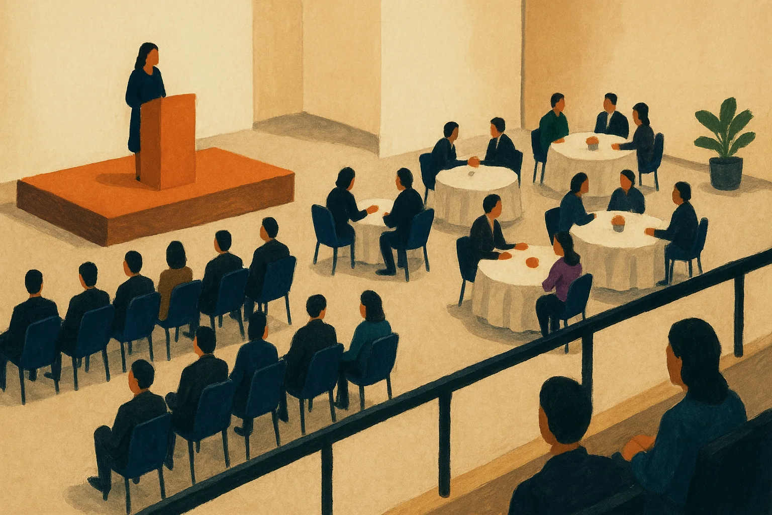 Ein Saal von oben: Stuhlreihen, runde Tische und eine kleine Runde in der Ecke.