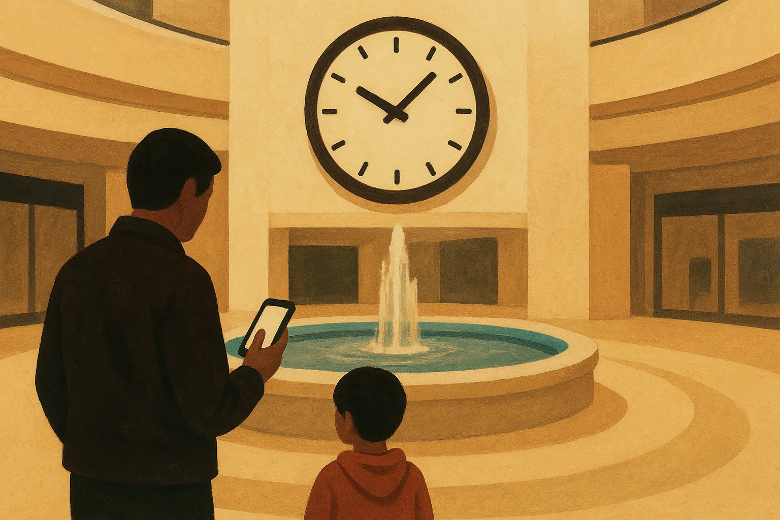 A centre atrium with a fountain and a clock, a family following a phone.