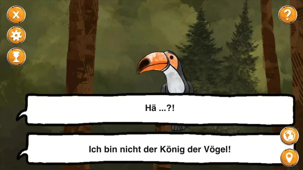 Dieselbe Tukanszene im Spiel, mit deutschem Text.