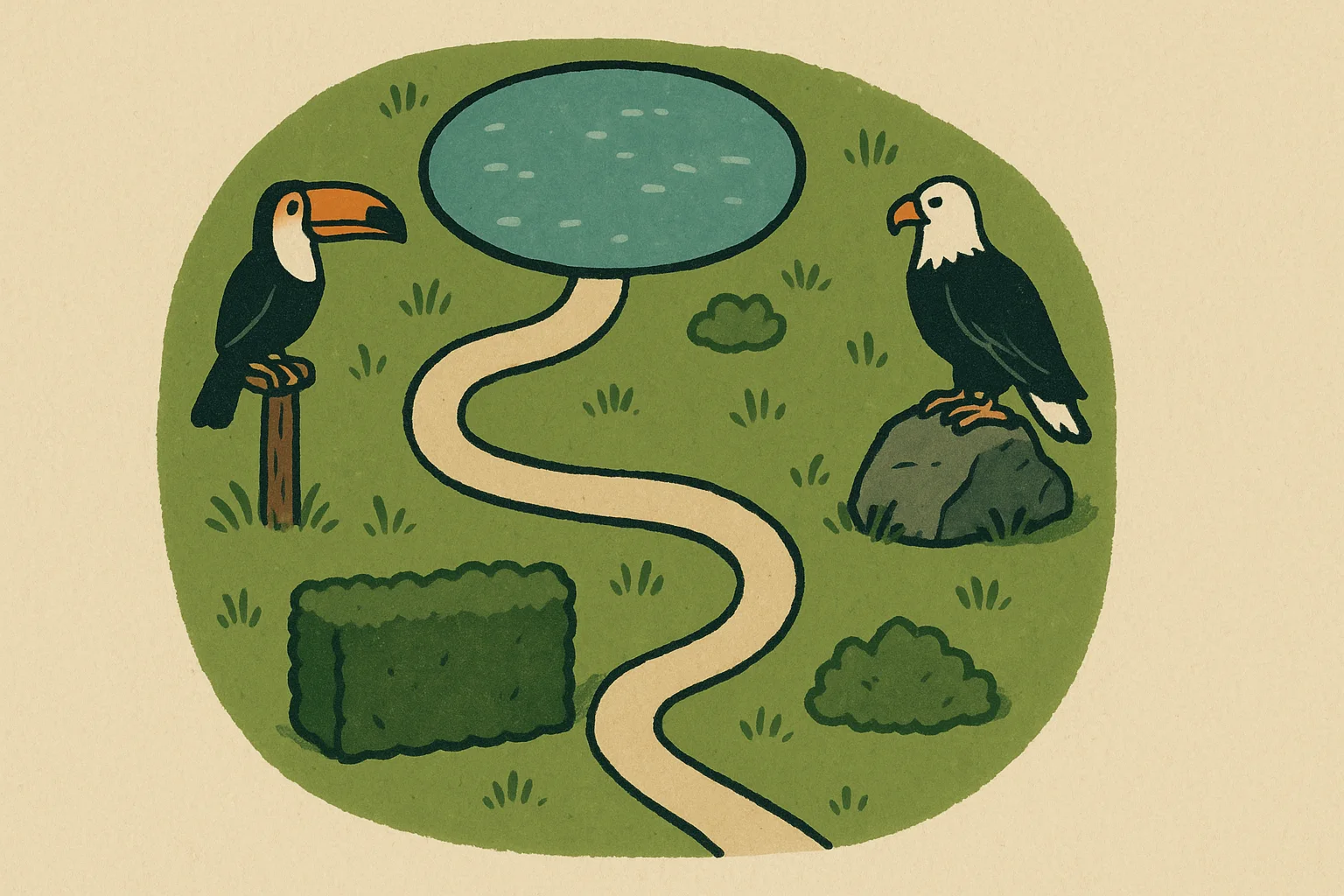 Gezeichnete Karte eines kleinen Vogelparks mit Teich, Tukan, Adler und Hecke.