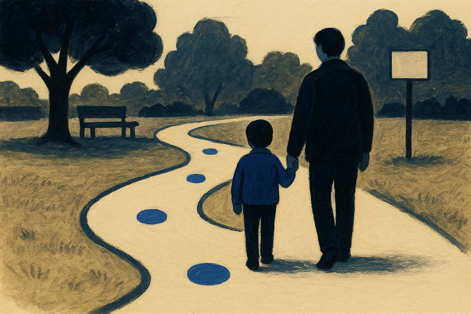 Ein gezeichneter Weg mit runden Stationen, eine Familie von hinten.