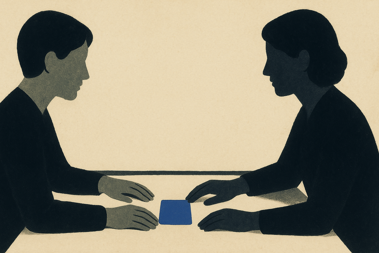 Two people seen from the side, cards between them on the table.