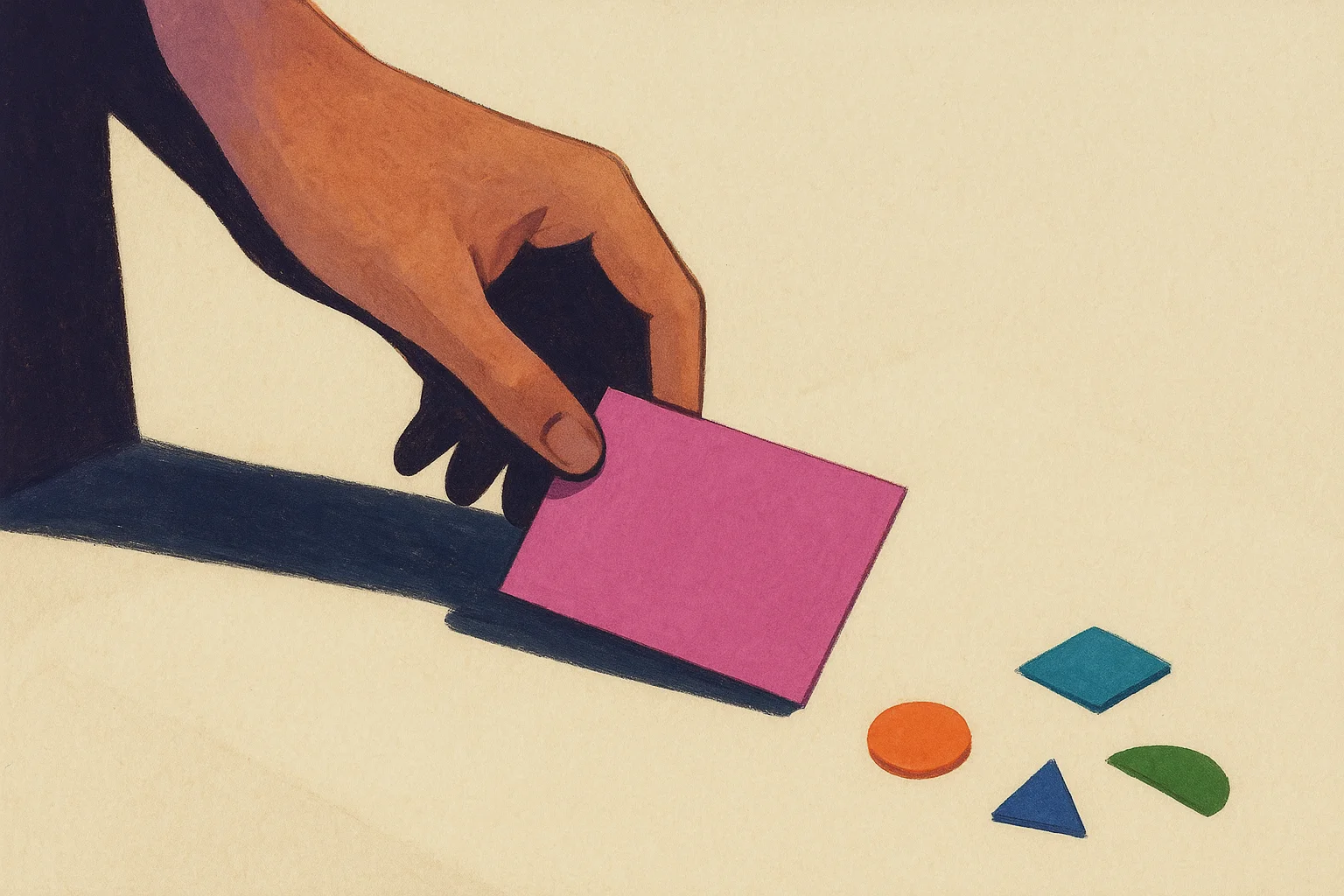 A hand placing a card on cream paper.