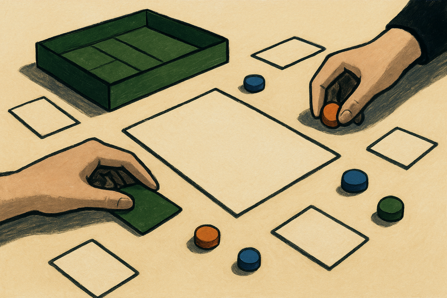 Cards, tokens, and a blank sheet on a table.